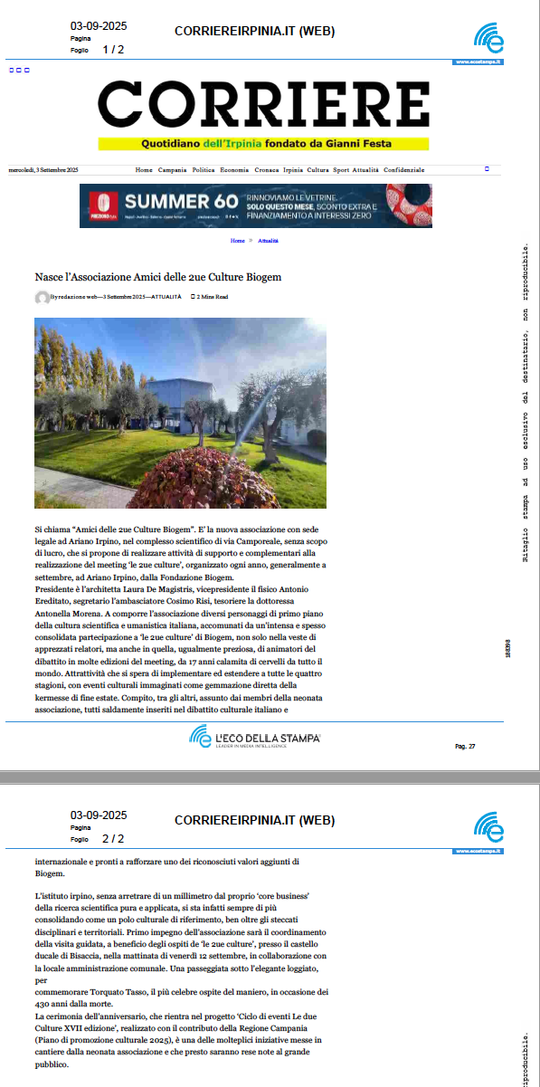 CORRIERE Nasce l'associazione Amici delle 2ue Culture Biogem